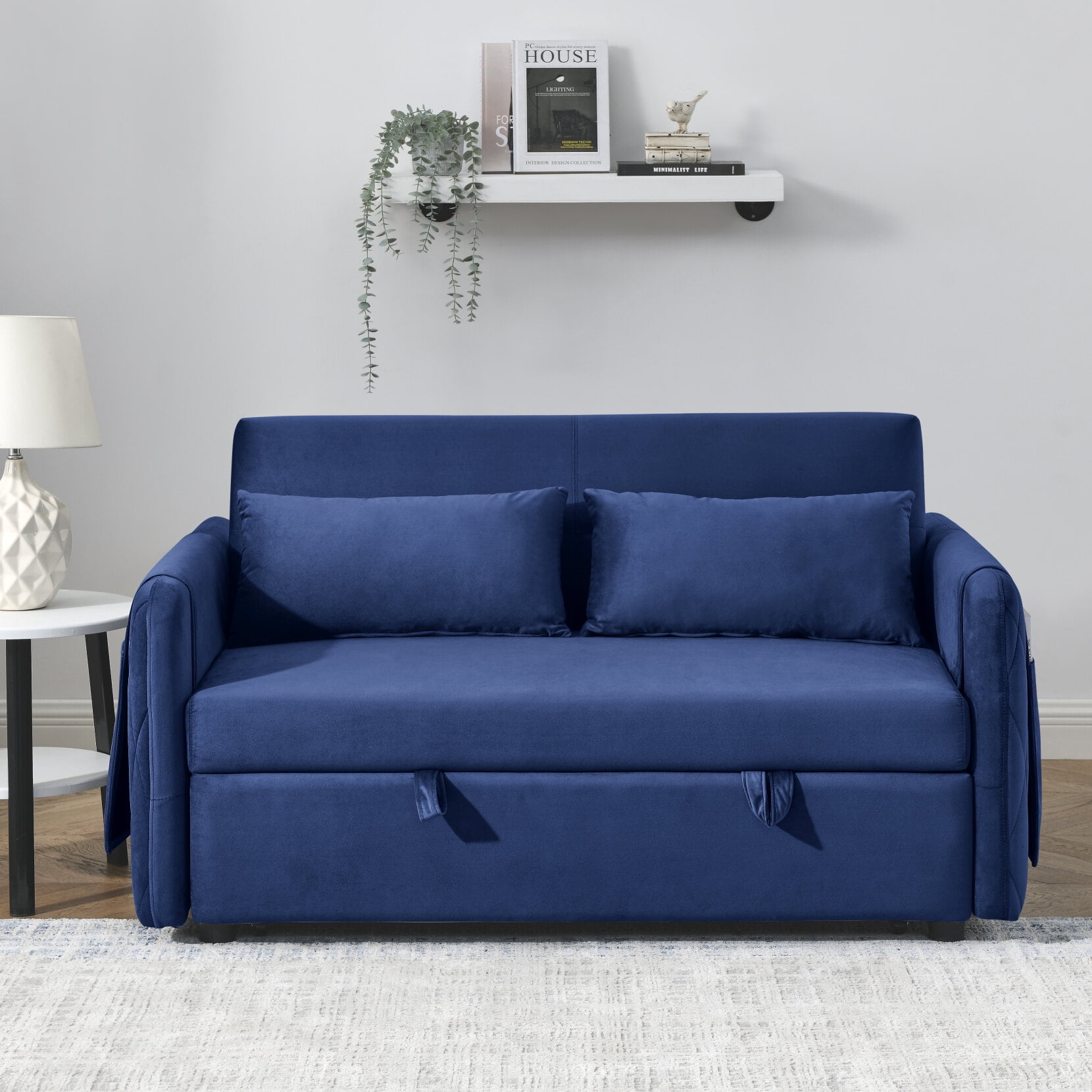55 Modern Convertible Sofa Bed 3 in 1 Sleeper Sofa with Grid Design Armrests and 2 Pillows Pull Out Velvet Sofa Bed with Adjustable Backrest for Apartment Office Small Space Dorm Blue Walmart