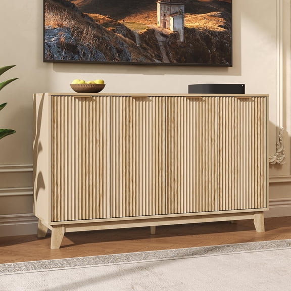 55" Modern Fluted Buffet Cabinet, Sideboard Storage Console Table with 4 Doors & Adjustable Shelves, Free-Standing Accent Cabinet for Kitchen, Dining Room, Coffee Bar, Entryway