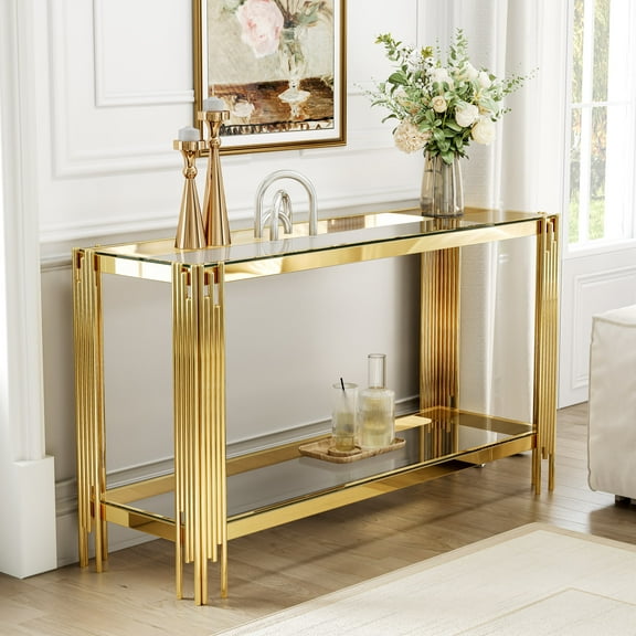 55" Modern Glass Coffee Table, Rectangle 2-Tier Center Table with Stainless Steel Frame & 8mm Clear Tempered Glass for Living Room, Office