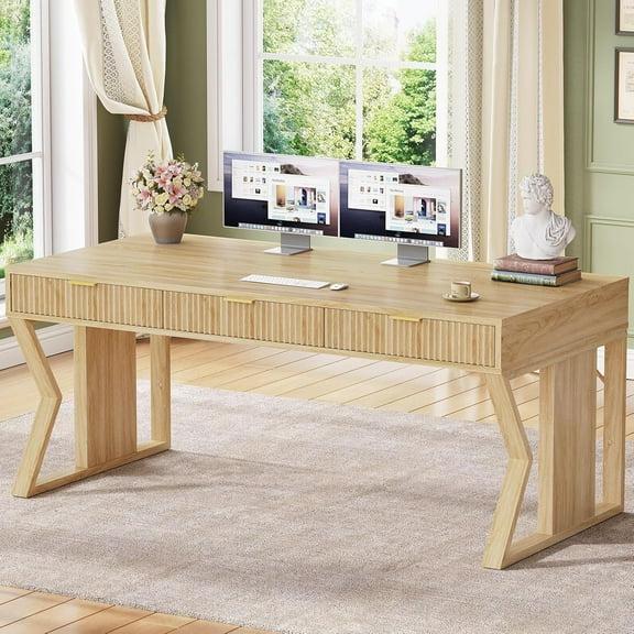 55" Modern Office Desk with 3 Drawers, Executive Computer Desk with Storage for Home Office, Large Workstation, Writing Desk Study Table Vanity Table for Bedroom, Sturdy and Durable, Natural Oak