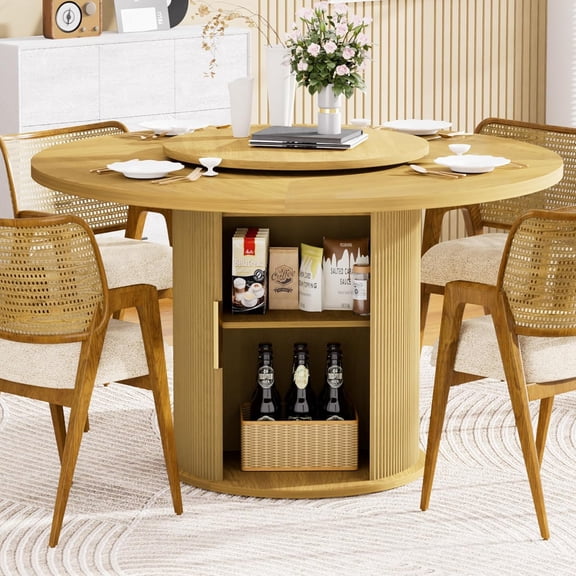 55'' Modern Round Dining Table with 360 Rotatable Lazy Susan for 4-6 People, Wooden Kitchen Dinner Table with Ample Storage Base for Dining Room, Living Room, Restaurant, Family Gathering
