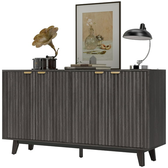 55" Modern Sideboard Buffet Cabinet with Fluted Doors Wood Legs, Dark Gray
