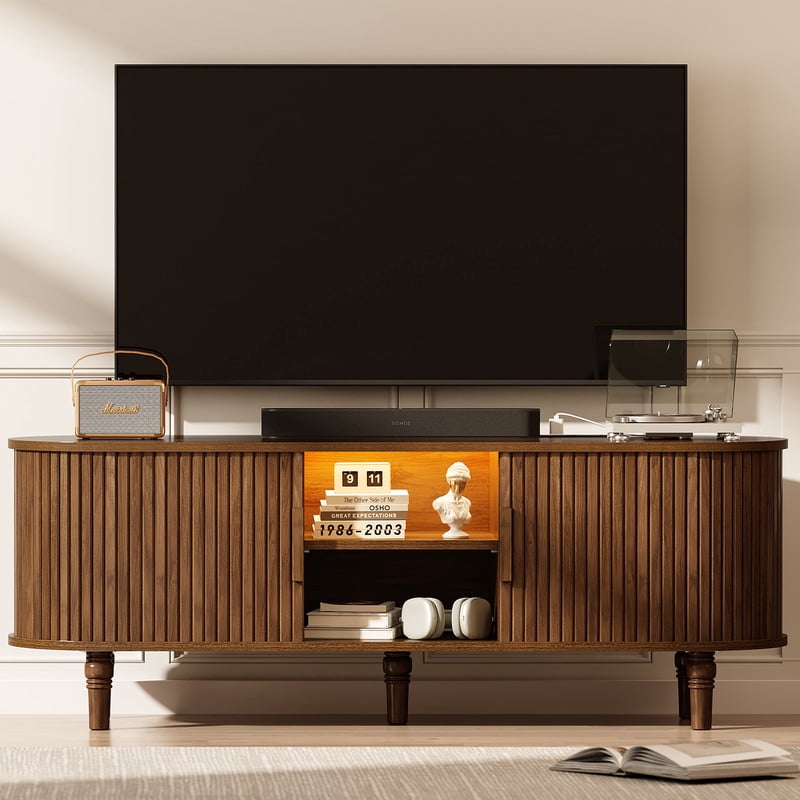 HIPPIY Co.ltd 55" Modern TV Stand with Power Outlet, Entertainment Center with Sliding Tambour Door and Adjustable Shelves , LED Media Console for Living Room Bedroom, Walnut Brown