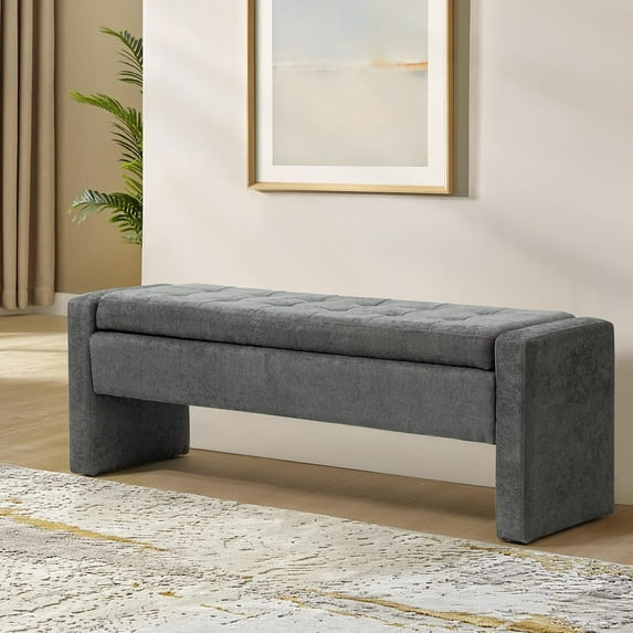 55" Modern Upholstered Storage Bench with Tufted Seat, Fabric Ottoman Bench for Bedroom, Entryway, or Living Room, Soft Close Hinge,Charcoal