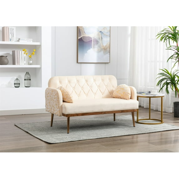 55'' Modern Velvet Couch, Button Tufted Sofa with 2 Decor Pillows and with Metal Legs, Upholstered Loveseat Sofa for Living Room and Bedroom, Beige
