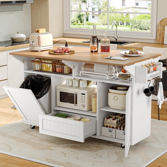 55" Movable Kitchen Island with Drop Leaf and Power Outlet, Rolling Kitchen Cart with Trash Storage Cabinet,White