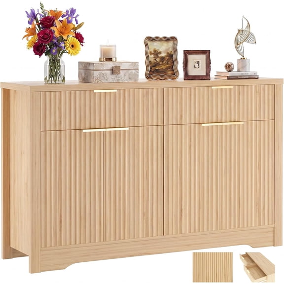 55" Natural Oak Fluted Sideboard Buffet with Drawers and Adjustable Shelves