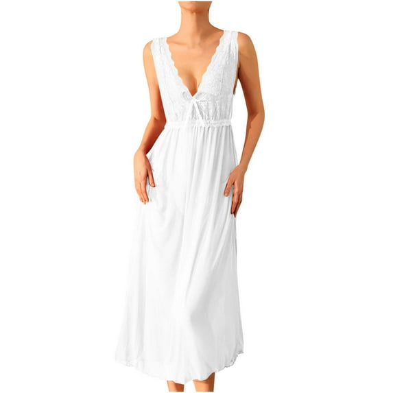Up to 55% off !Npasoilc Nightgowns for Women Sleeveless Deep V Neck Mesh Lace Patchwork Suspender Nightdress Solid Color Lingerie Backless Homedress Pajama