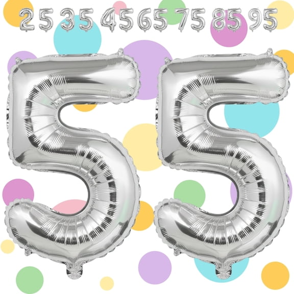 Silver 55 Number Mylar Balloon 40 inch - Self-Seal Foil Balloons for 55th Birthday Party, Anniversary, Graduation Decoration, Helium or Air Inflation