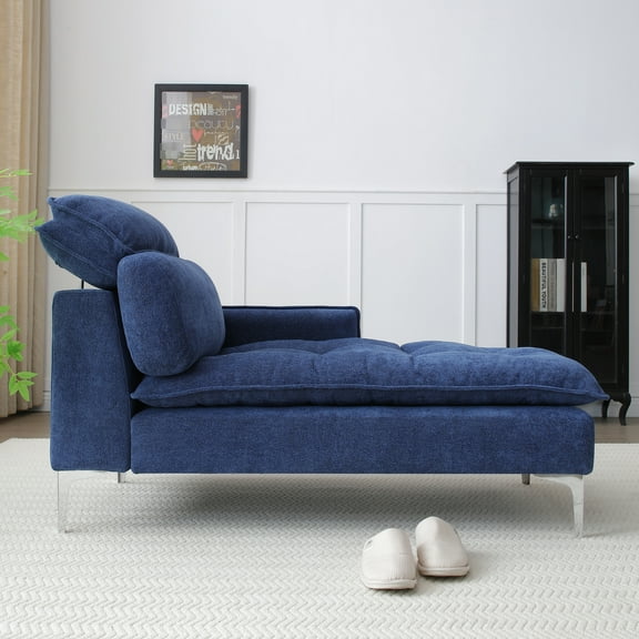55" Office Chaise - Upholstered Lounge Chair With Left Armrest & Lumbar Pillow, Blue Bedroom Living Room Seating Indoor Linen Upholstery Button Tufting Firm Seat Furniture