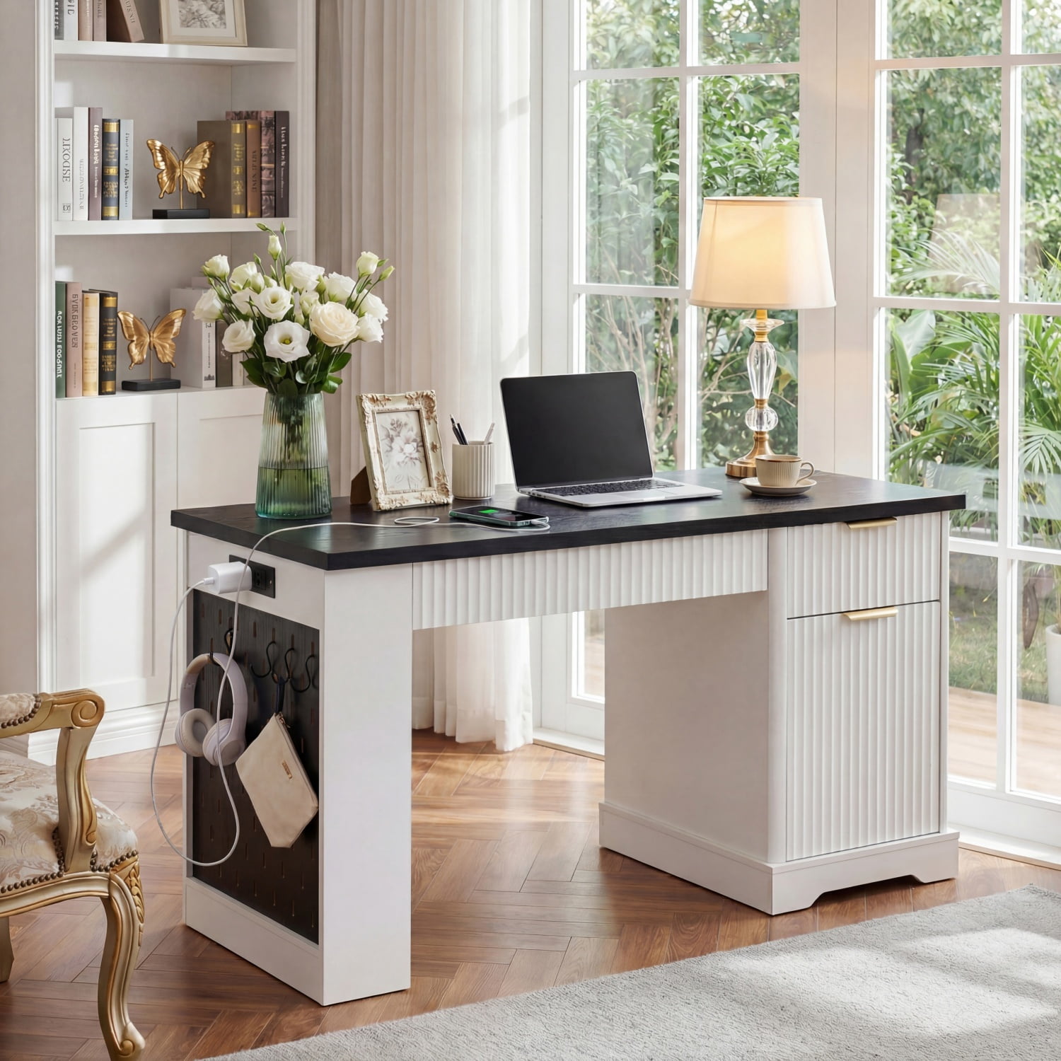 55" Office Desk with Storage Cabinet & Drawers, Computer Writing Desk with Power Outlet, Pegboard, Built-in Shelves and Keyboard Tray for Study, Living Room, Home Office, White