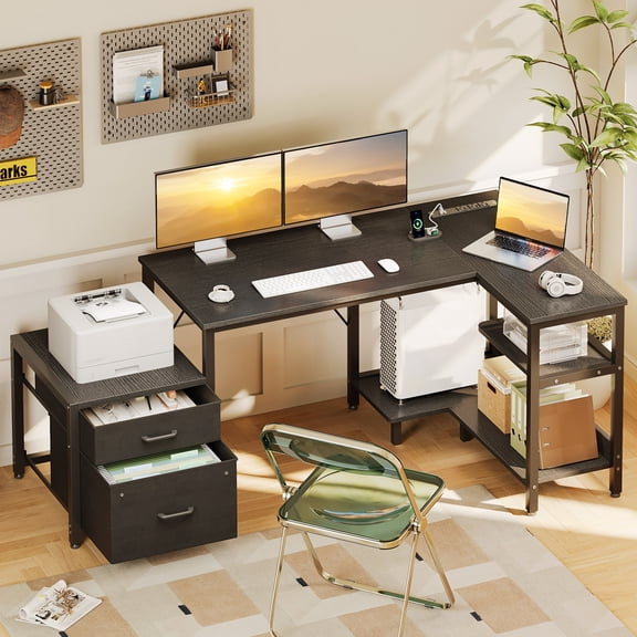55" Office Desk with Power Outlets & CPU Holder, L-Shaped Corner Desk with File Cabinet, Storage Shelf & 2 Drawers for Large Spaces, Black