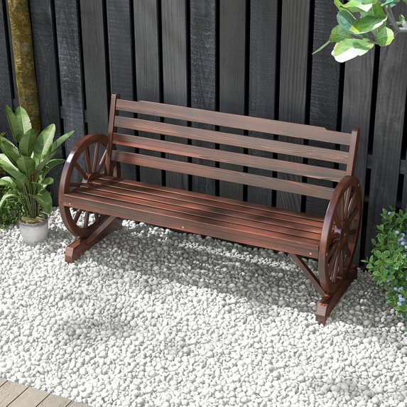 55” Outdoor Wooden Wagon Bench with Wheel Armrest and Slatted Backrest ...