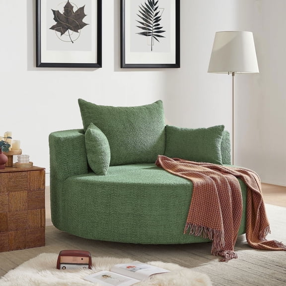 56"W Oversized 360° Swivel Barrel Chair, Chenille Upholstered Accent Chair with Throw Pillows, Green