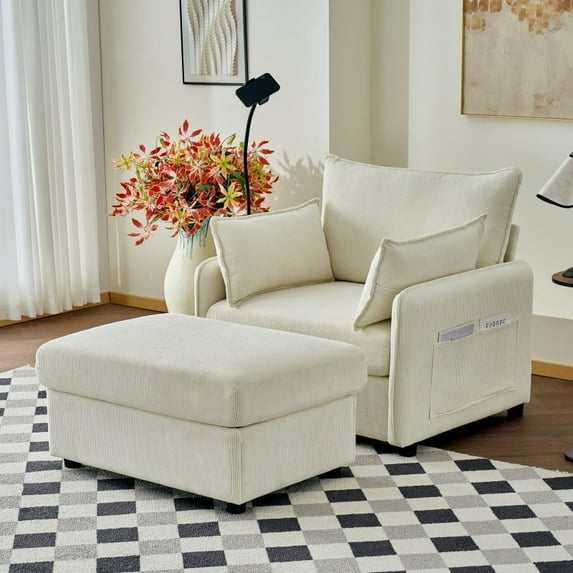 55" Oversized Chaise Lounge Chair Indoor with Ottoman and Storage , Comfy Corduroy Single Sofa, Upholstered Deep Seat Chaise Lounge with Pillows for Living Room, Bedroom, Apartment, Beige.