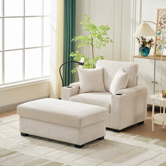 55" Oversized Chaise Lounge Chair with Ottoman & Storage, Luxury Corduroy Sleeper Recliner with Built-in Cup Holder, Phone Stand & USB Charging Port, Perfect for Living Room & Bedroom, Beige