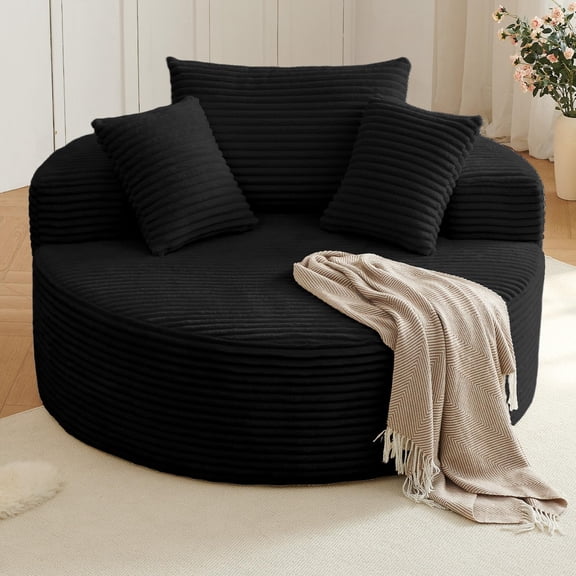 55" Oversized Corduroy Lounge Chair, Deep Seat Single Sofa with Pillow, Modern Sponge Armchair, No Assembly Required, Black