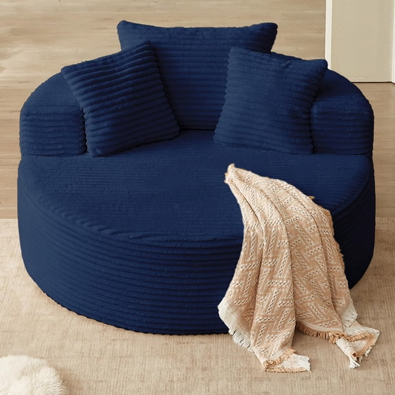 55" Oversized Corduroy Lounge Chair, Deep Seat Single Sofa with Pillow, Modern Sponge Armchair, No Assembly Required, Blue