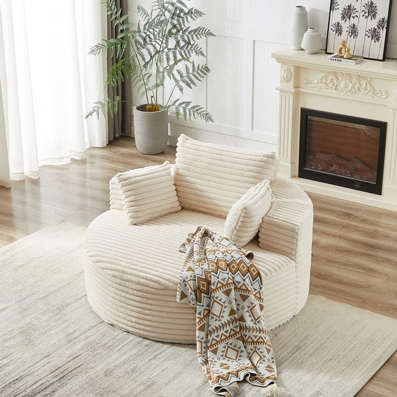55''Oversized Round Chair Lounge Chaise Indoor, Modern Upholstered Corduroy Cloud Circle Chair with Deep Seat, Comfy Fluffy Sleeper Sofa for Living Room Bedroom, No Assembly Required, Beige