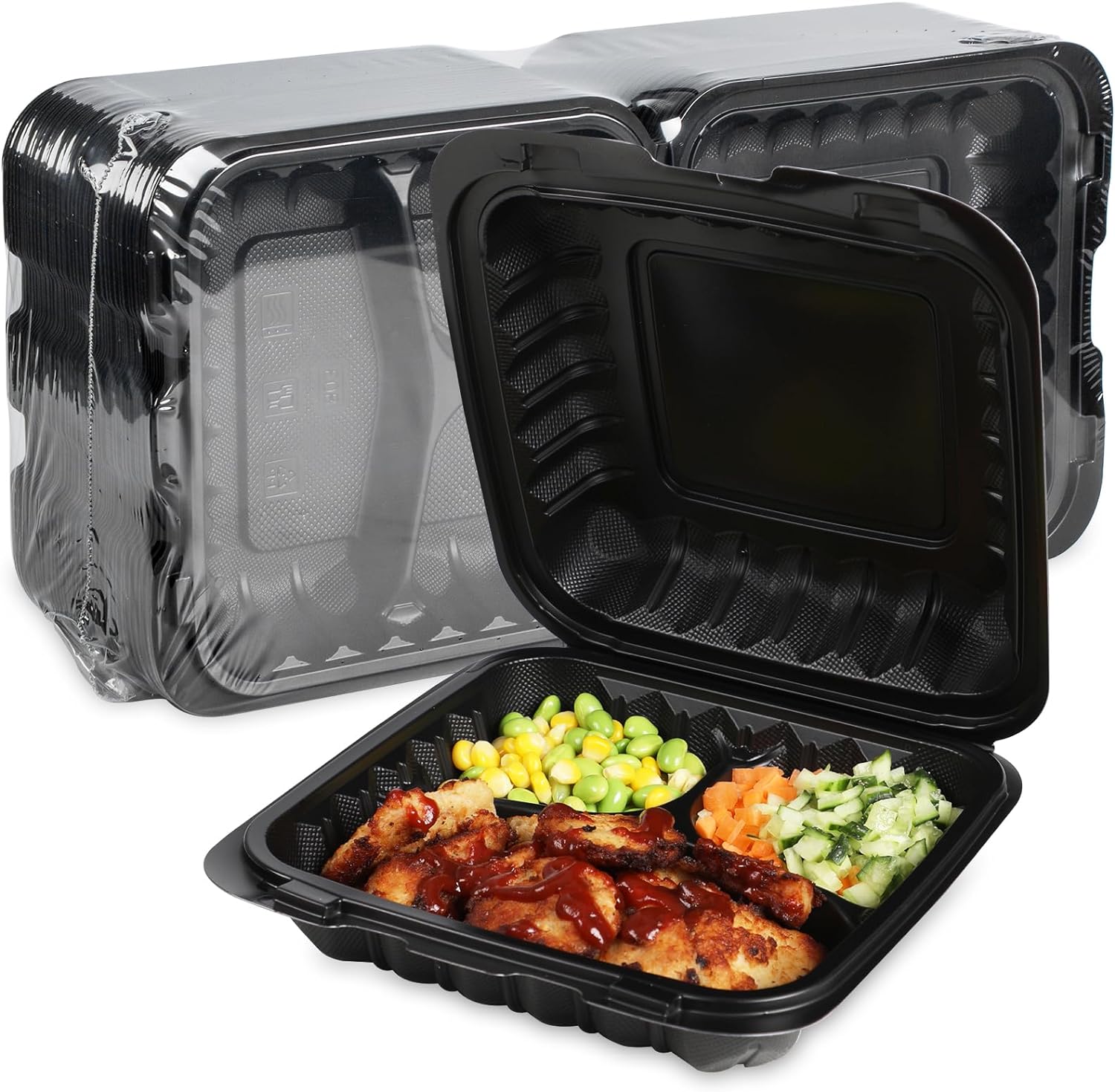 55Pack Clamshell Food Containers with Lids 34oz Black Plastic To Go