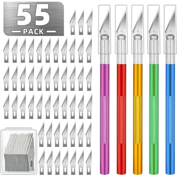55 Pack Exacto Knife, Hobby Knife t with 5 Craft Knives and 50 Precision Blades(#11) for Art,Scrapbooking,Carving, DIY, Cutting, Stenciling by