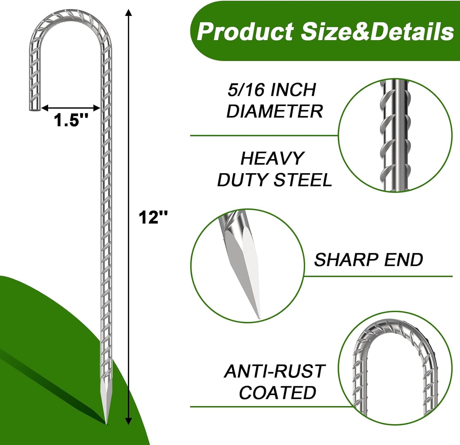 55 Pack Heavy Duty Galvanized Rebar Stakes 12 Inch J Hook for Camping Tent Anchor