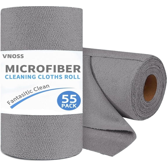 55 Pack Microfiber Cleaning Cloth Roll, Tear Away Reusable Towels, 11" X 9", Ultra Absorbent & Lint Free Cloth for Cars, Kitchen, Window, Home and Shop, Grey