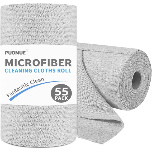 55 Pack Microfiber Cleaning Cloth Roll, Tear Away Reusable Towels, 11" X 9", Ultra Absorbent & Lint Free Microfiber Cloth for Cleaning Cars, Kitchen, Window, Home and Shop, Grey