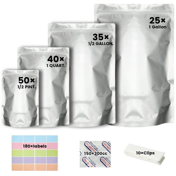 Wattne 150 pcs Mylar Bags for Food Storage With Oxygen Absorbers, 4 Size Set(1 Gallon, 1/2 Gallon, 1 Quart, 1/2 Pint) 300cc Oxy-Sorb (Individually Sealed)