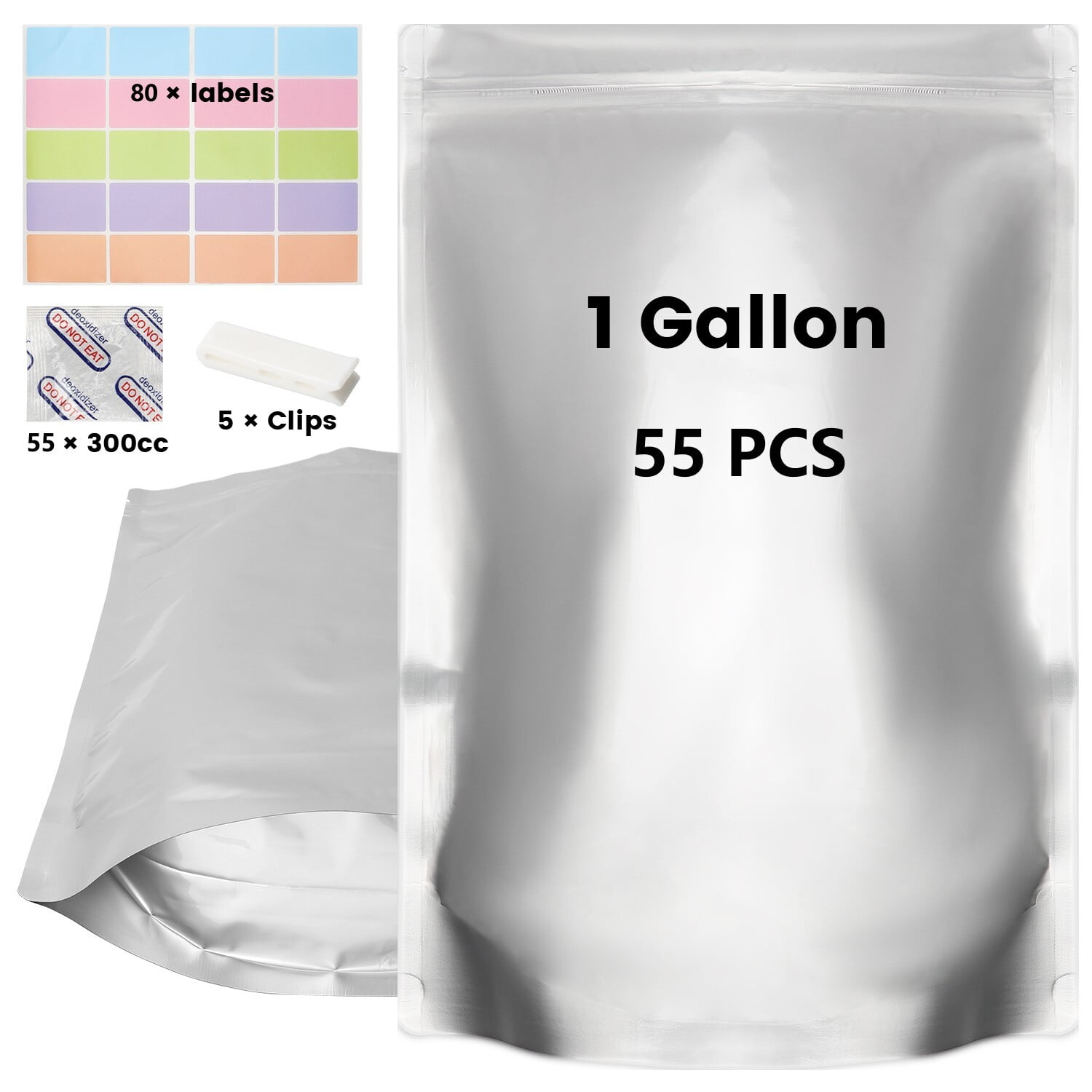 55 Pack Mylar Bags for Food Storage with Oxygen Absorbers 300cc and Lables, Large Mylar Bags 1 Gallon 10x14, Resealable Mylar Ziplock Bags Stand Up & Mylar Bags with Oxygen Absorbers
