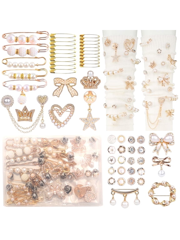 55 Pcs Boxed Bling Gold Junk Socks Charms Kit for Women Girls, Safety Pin Jewelry Charms with Bow Pearl Rhinestone Brooch for Women Shoes Sneakers Hats