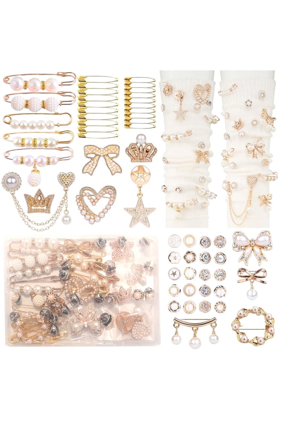 55 Pcs Boxed Bling Gold Junk Socks Charms Kit for Women Girls, Safety Pin Jewelry Charms with Bow Pearl Rhinestone Brooch for Women Shoes Sneakers Hats