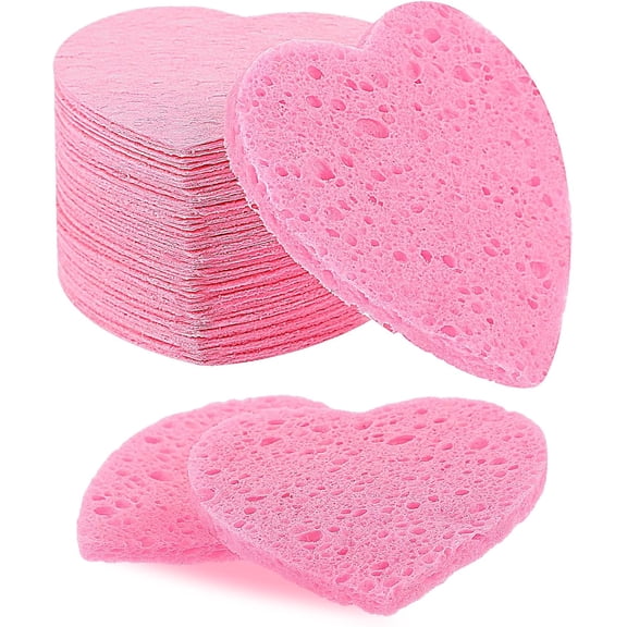 55 Pcs Compressed Facial Sponges Pink Face Sponges Cleansing Heart Cellulose Facial Sponges Exfoliating Face Sponge Natural Face Washing Sponge for Facial Cleansing, Exfoliating Mask, Makeup Removal