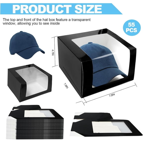 55 Pcs Display Black Gift Boxes for Baseball Caps 7.8" x 7.8" x 4.7" Paper Hat with Window Clear Organizer Case Holder Packing Fold Hat Storage Display Box
