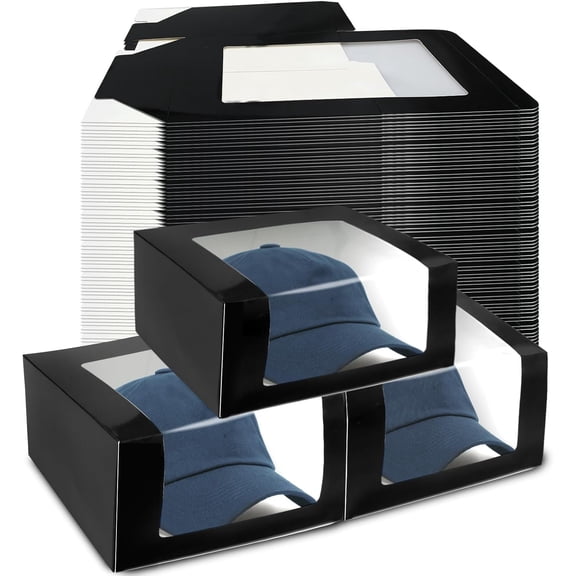 55 Pcs Display Black Gift Boxes for Baseball Caps 7.8" x 4.7" Paper Hat with Window Clear Organizer Case Holder Packing Fold Storage Box