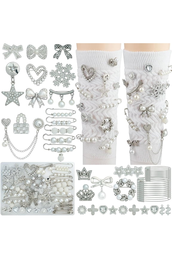 55 Pcs Silver Shoe Charms for Sneakers, Silver Junk Socks Charms Kit, Pearl and Rhinestone Sock Charm with Safety Pins, DIY Accessories for Decorating and Personalizing Socks Shoes Hats
