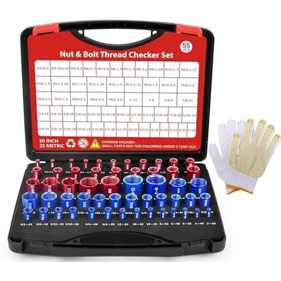 55 Pcs Thread Checker, Nut and Bolt Thread Checker Set (25 Metric & 30 Standard) Box Set Thread Gauge for Standard and Metric Sizes Perfect for Size Check on Tricky and Narrow Area$$Tools