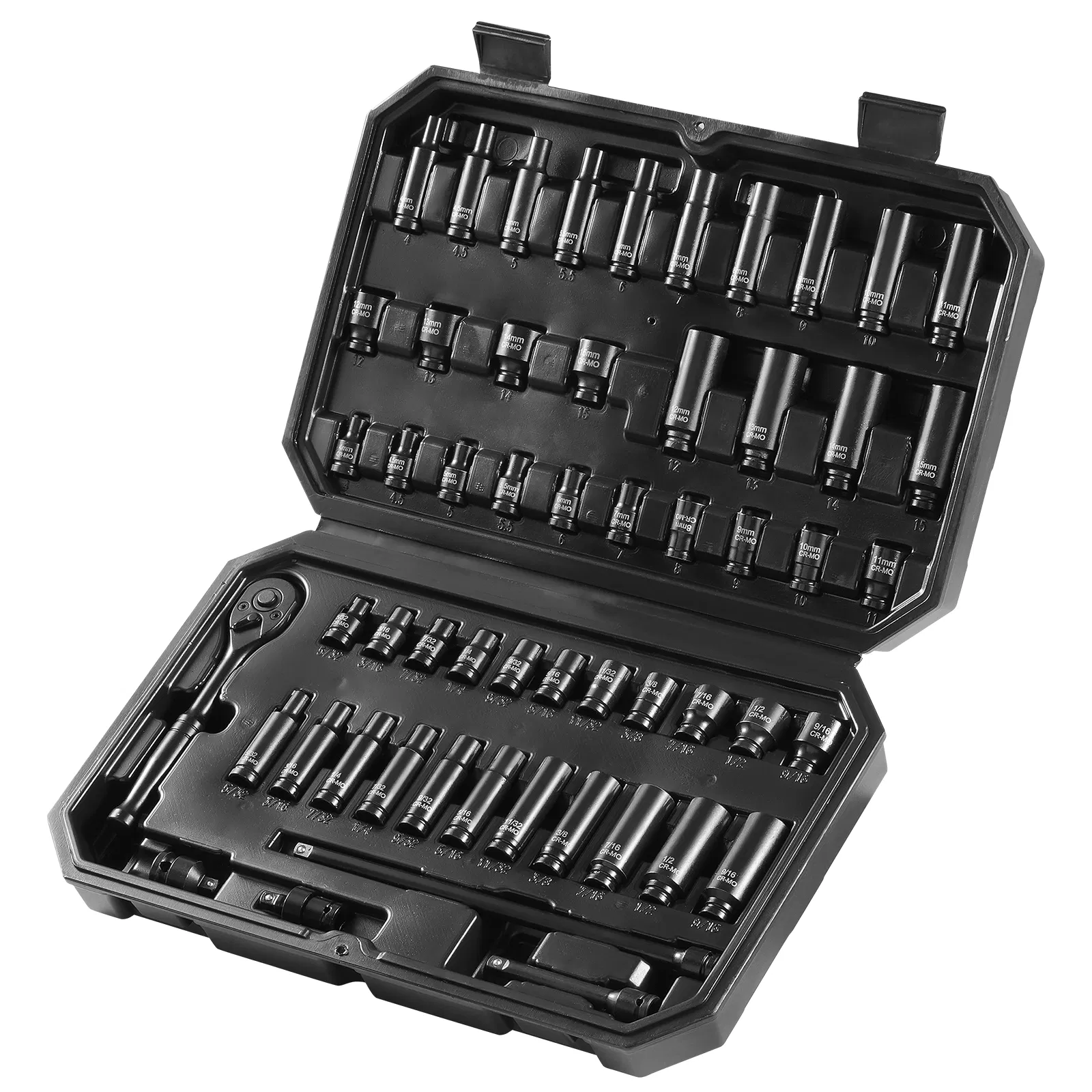 55-Piece Drive Impact Socket Set 1/4" with Deep and Shallow Sockets in SAE and Metric Sizes 5/32"-9/16" and 4-15mm-Durable CR-V Alloy Steel with Clear Size Markings and Storage Case