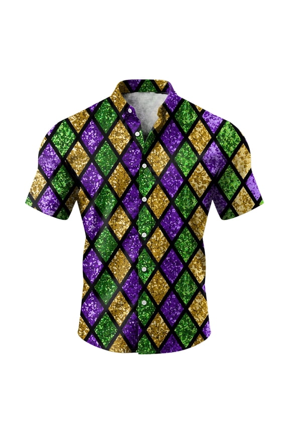 Mardi Gras Button Shirt Mens Button Down Shirt with Glitter Pattern Harlequin Print Casual Fit Comfortable Holiday Blouse Purple 4XL