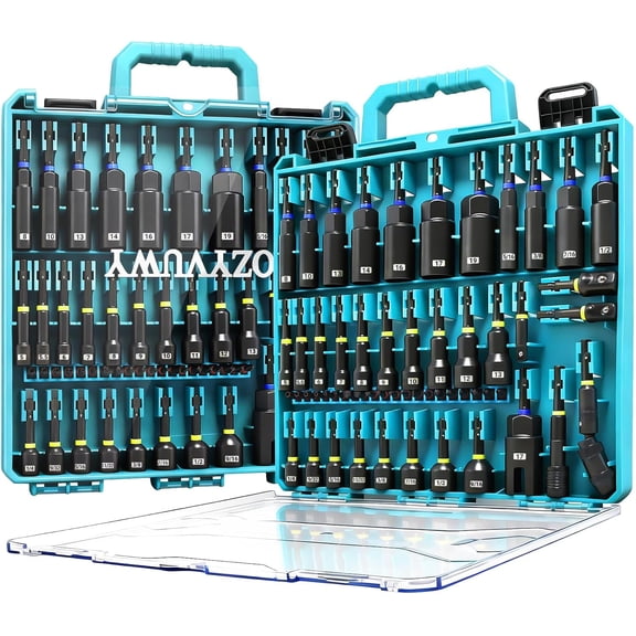 55-Piece Magnetic Impact Nut Driver Set, SAE/Metric Nut Driver Set, Socket Adapters, Wing Nut Driver, Universal Sockets, Quick Release Extension, Pivoting Nutsetter, 1/4'' Quick Change, Power Bits