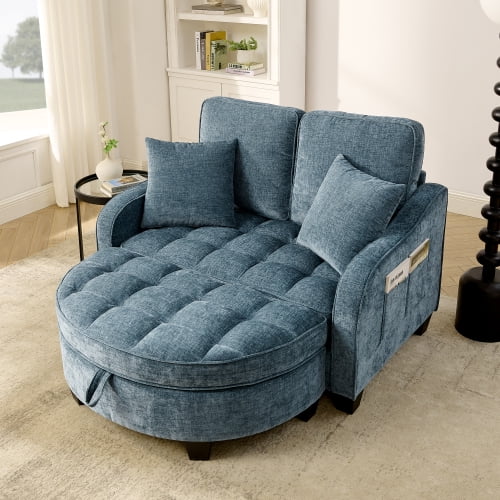 55" Plush Convertible Loveseat Sleeper Sofa Bed, Pull-Out Loveseat Convertible with hidden storage, Sofa Bed Couch with irregular curved design for living room indoor use, Blue