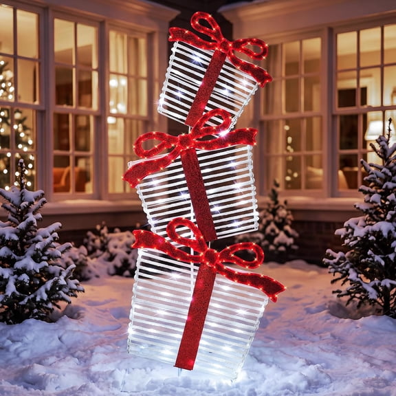 55" Pre-Lit Christmas Stackable Gift Boxes, 230LED Outdoor Christmas Decor, Plug-In Cool White Light Gift Boxes Christmas Decor for Porch, Lawn, Yard, Garden