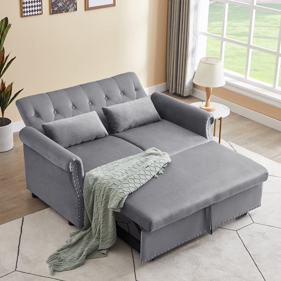 55" Pull Out Sleeper Sofa Bed,3 in 1 Convertible Sleeper Loveseat Couch Modern 2 Seater Velvet Sofa Bed with Adjustable Backrest and Lumbar Pillows for Apartment Office Living Room,Gray