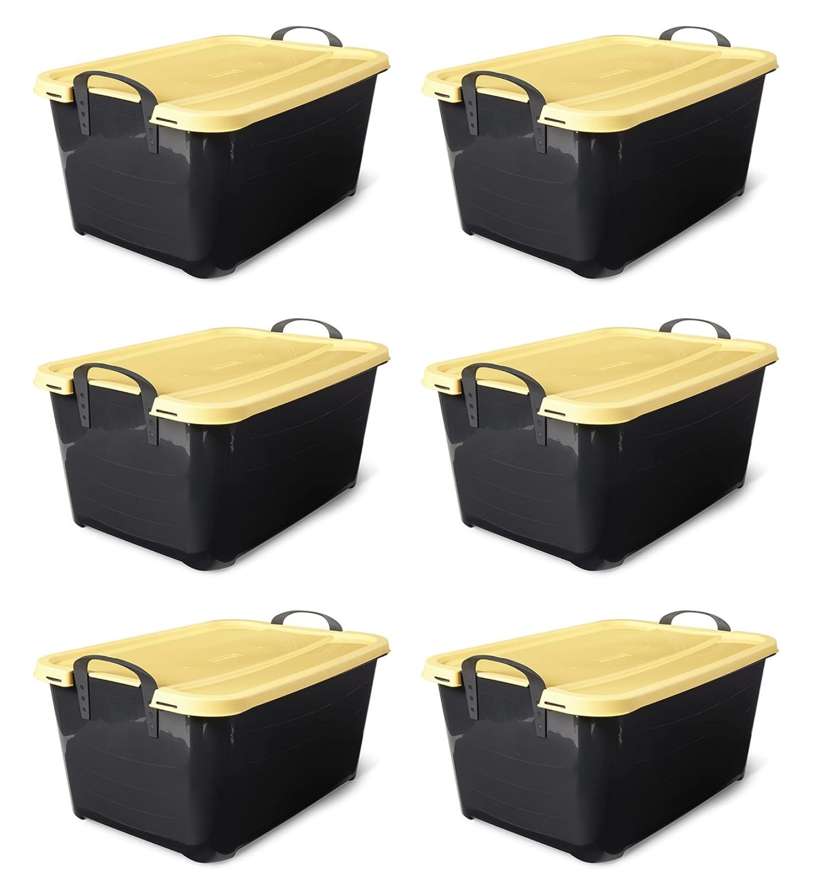 55 Qt Plastic Stackable Storage Unit Bin with Lid, 6 Pack, Black/Yellow