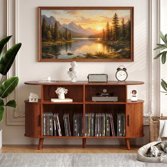 55" Record Player Stand, Mid Century Turntable Cabinet with Vinyl Storage & Charging Station, Walnut
