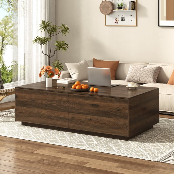 55" Rectangle Coffee Table with 4 Storage Drawers, Modern Farmhouse Wood Center Table for Large Living Room Sectional Sofa, Walnut Finish