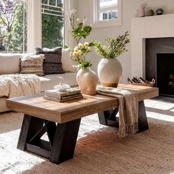 55" Rectangular Coffee Table for Living Room, Farmhouse Wood Center Table with Thick Top and X-Frame Base, Large Living Room Coffee Table