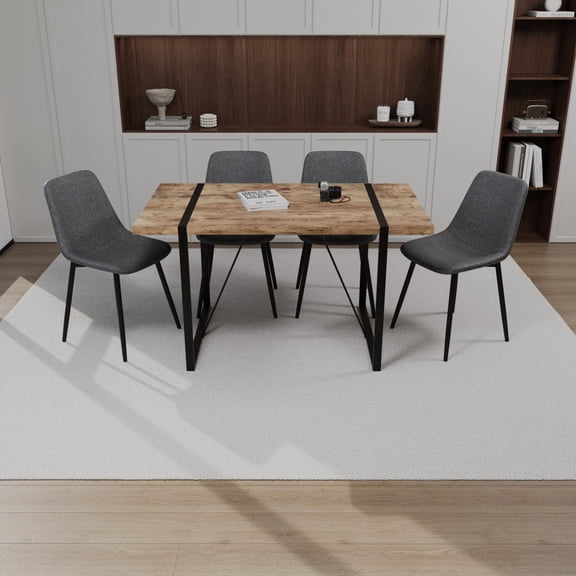 55" Rectangular Dining Table And 4 Chairs, Metal Base, Ensures Long-term Stability 4 With Dark Wood Table, Waterproof Materials, Stylish Design