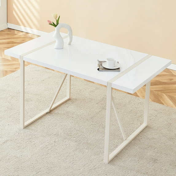 55” Rectangular Dining Table for 4 to 6 People, Modern Farmhouse Kitchen Table with Metal Legs & Anti-Slip Feets for Living Room, White