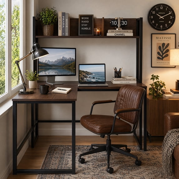 55" Reversible L-Shaped Desk with Storage Hutch, Wood Computer Desk for Home Office , Gaming, Dark Brown